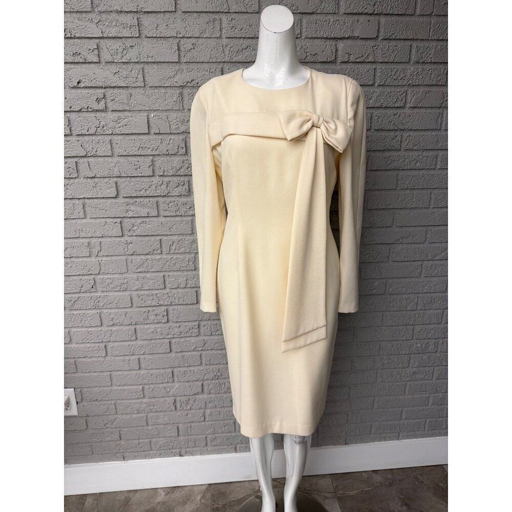 Talbots Kathryn Conover Women Cream Long Sleeve Sheath Bow Tie Midi Dress Size 8